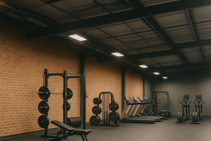 A modern gym interior featuring a squat rack, weight bench, and neatly stacked weight plates in the foreground, with treadmills and elliptical machines lined up against a red brick wall. The space is well-lit with ceiling lights